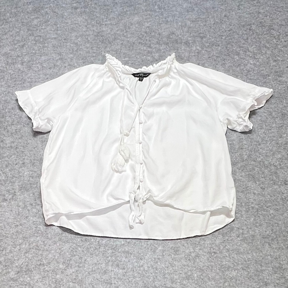 Velvet Heart White Tencel Peasant Blouse Ruffle Neck Tassel Boho Tie Top Large